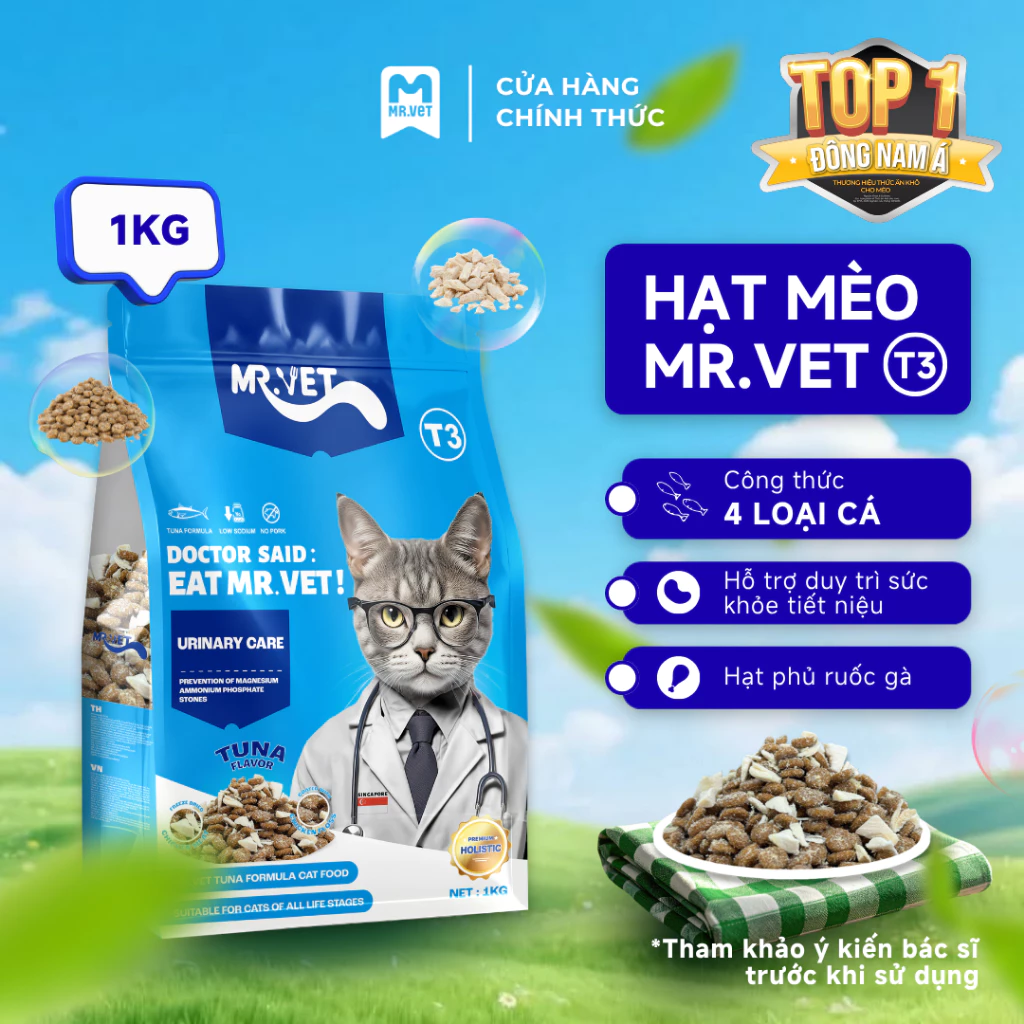 Thức Ăn Cho Mèo MRVET Dạng Hạt T3 Gói 1KG Cải Thiện Sức Khoẻ Đường Tiết Niệu Cho Mèo Mọi Lứa Tuổi